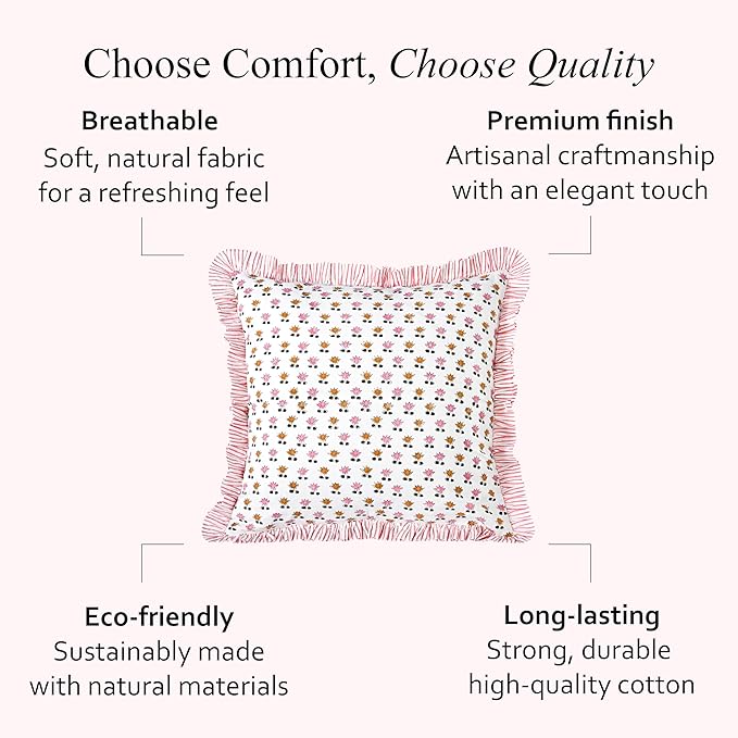 CPC Rosette Bloom Hand Block Print 100% Cotton Ruffle Throw Pillow Cover 24x24 inch with Hidden Zipper Decorative for Couch, Bed, Sofa, Farmhouse, Cottagecore Decor Gift Christmas Fall Thanksgiving