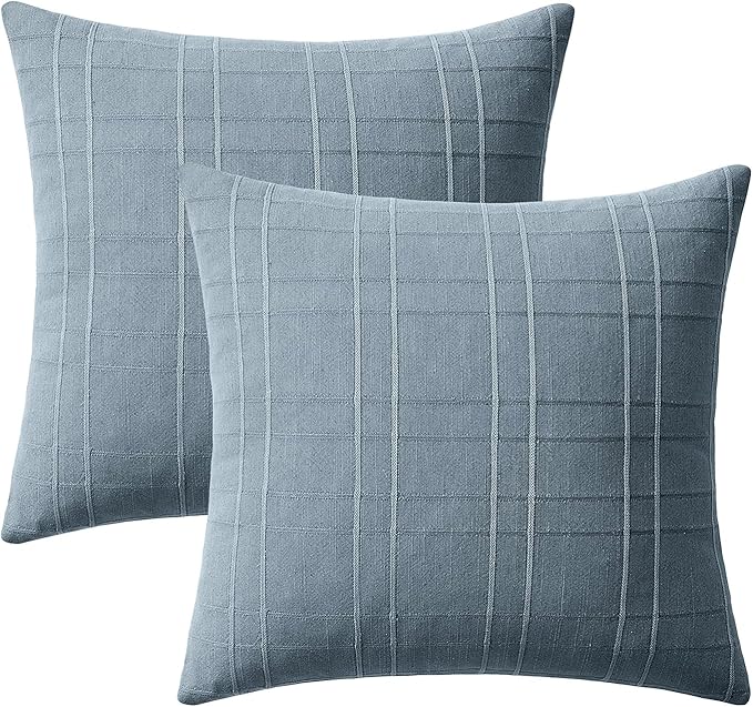 MIULEE Decorative Linen Check Euro Shams Throw Pillow Covers Neutral Farmhouse Vintage Pillow Covers 24x24 Set of 2 Boho Modern Home Decor for Sofa Couch Bedroom Cushion Blue Grey