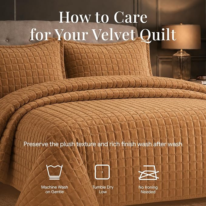 Tribeca Living Luxury Velvet Quilt Queen Size Set - 260GSM Ultra-Soft Oversized Velvet Bedspread Comforter Set with 2 Shams, in Florence Camel