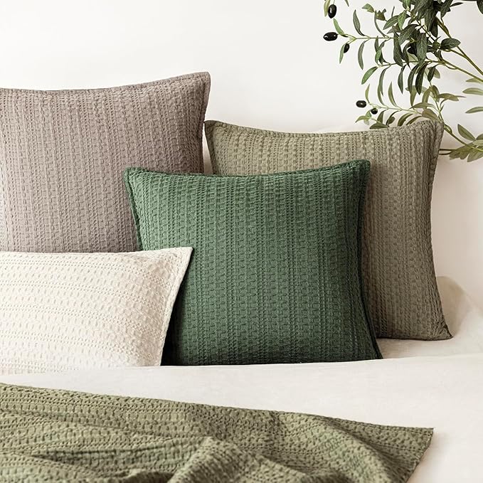 Foindtower Set of 2 Decorative Cotton Waffle Weave Throw Pillow Covers Euro Shams Cushion Covers Accent European Pillowcase for Bed Couch Sofa Bedroom Living Room Home Decor 18×18 Inch Dark Green
