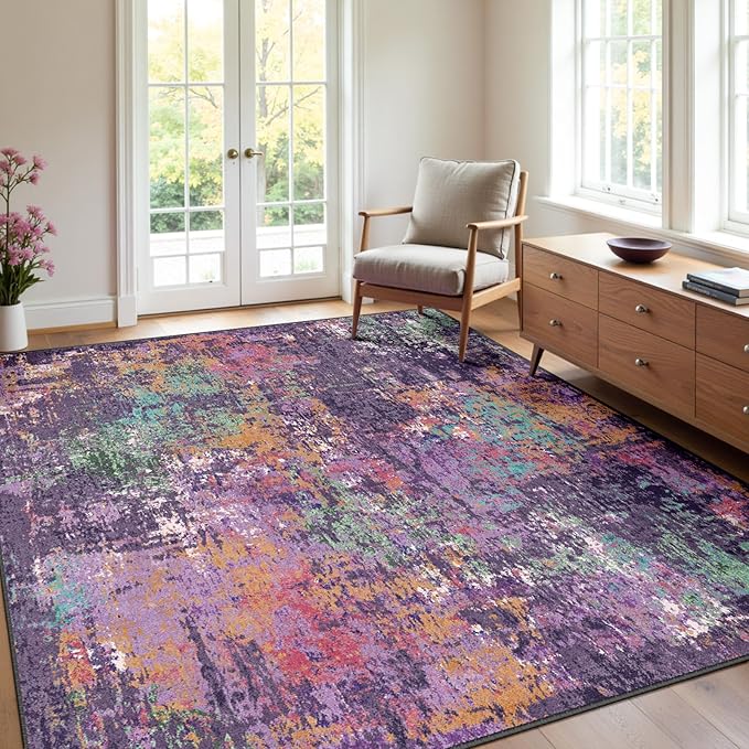 RELEANY Washable Area Rugs 5'x8' Non-Slip Modern Abstract Soft for Living Room Entryway Bedroom Nursery, Print Pattern, Purple Orange Blue Green Rust Red Colorful