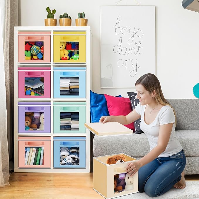 Threehoney 10 Pcs Fabric Storage Cubes with Lids and Clear Windows 11x11 Inch Foldable Closet Organizer Bins Aesthetic Pastel Storage Bins for Shelves Dorm Essentials Craft & Office Organization