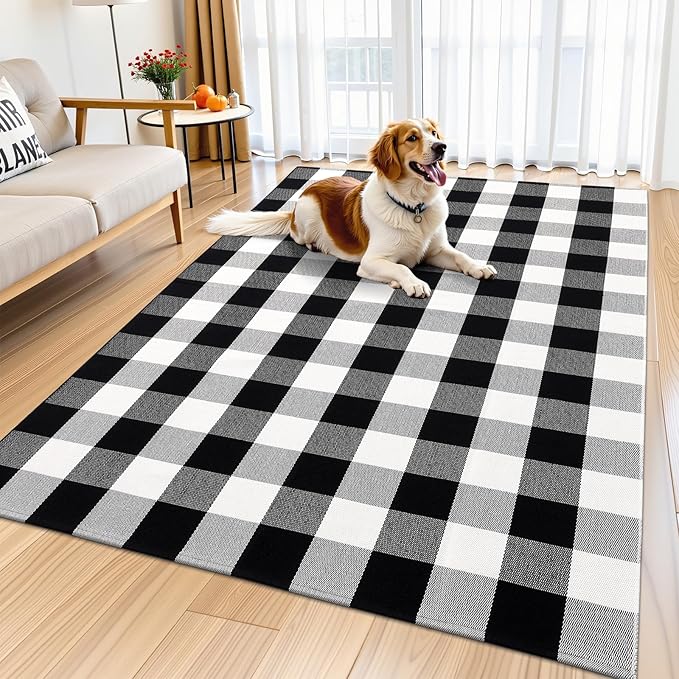 OLANLY Buffalo Plaid Rug 3' x 5' – Black and White Cotton Checkered Doormat, Washable Indoor Outdoor Rug for Layered Front Porch, Kitchen, Entryway Decor