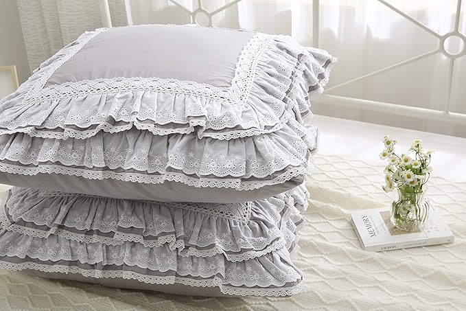 Light Gray Lace Euro Shams Luxury Throw Pillow Covers Cushion Cases with Ruffles Cotton 26"X26" Zipper Closure Elegant 2-Pack