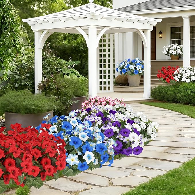 Artificial Flowers for Outdoors, Faux Morning Glory Spring Summer Decoration, Fake Flowers Plants UV Resistant Look Real Silk Flowers for Outside Planter Front Door Porch Patio Yard (12, Purple-White)