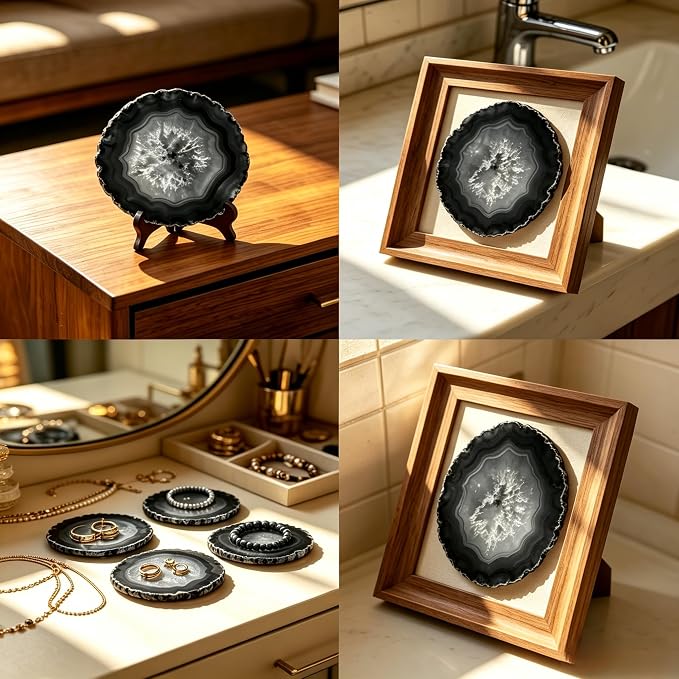 Gray Agate Coaster Drinks Crystal Cup Stone Coasters Set of 4 Geode Agate Slices with Rubber Bumpers for Coffee, Wine or Bar Glasses (4"-5")