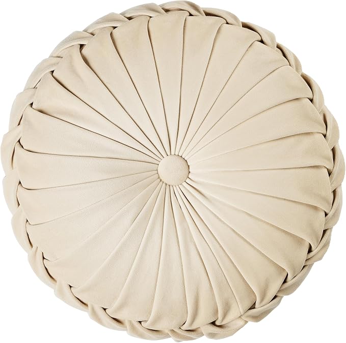 ROSE&RISY Round Pleated Velvet Throw Pillow, 1 Pack Decorative Accent Pumpkin Pillow Cushion for Couch Sofa Bed, Soft Plush Retro Vanity Throw Pillow for Home Decor, 14.5 Inch, Cream