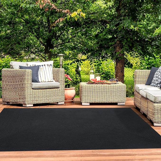 Superior Indoor/ Outdoor Large Area Rug, Reversible Braided Home Floor Decor for Living Room, Kitchen, Entryway, Patio, Front Porch, Deck, Modern, Boho, Farmhouse Style, 8' x 10', Black
