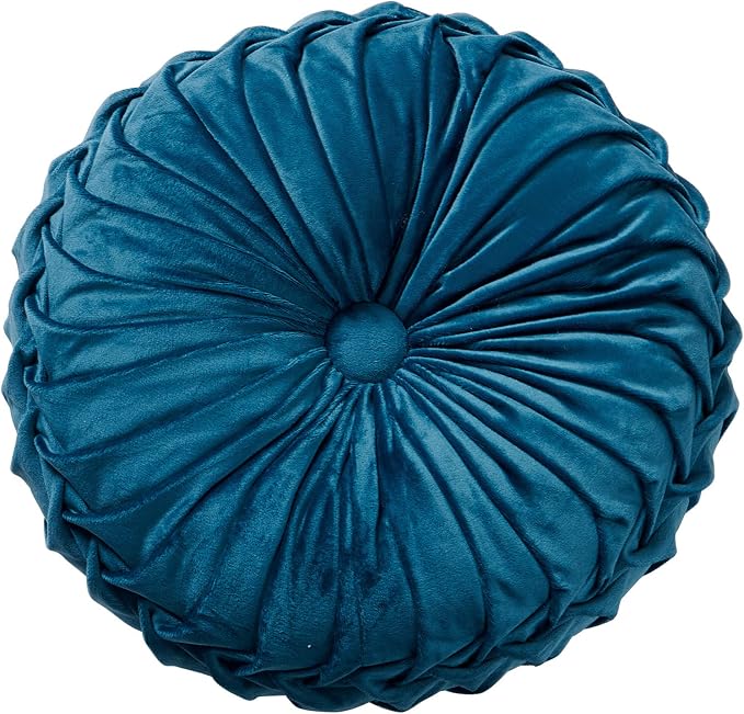 MOJUN Velvet Throw Pillow - Round, Pleated, Filled - Home Decorative Cushion for Couch, Chair, Bed, Car, Floor (Blue, 14inch)