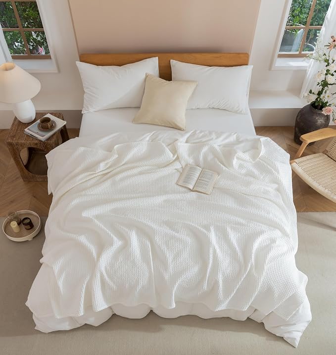 Talasily 100% Cotton Blanket Throw Size for Bed - Spring and Summer Cooling Lightweight & Breathable Bedding -Soft Waffle Weave Christmas Blanket, Machine Washable,Lvory,50x60 Inches