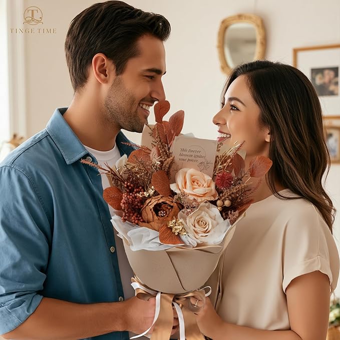 TINGE TIME Brown Preserved Flowers Bouquet, Flowers for Delivery, Eternal Roses Bouquet for Wedding, Table Centerpieces, Valentines, Mothers Day, Birthday Gifts, Anniversary