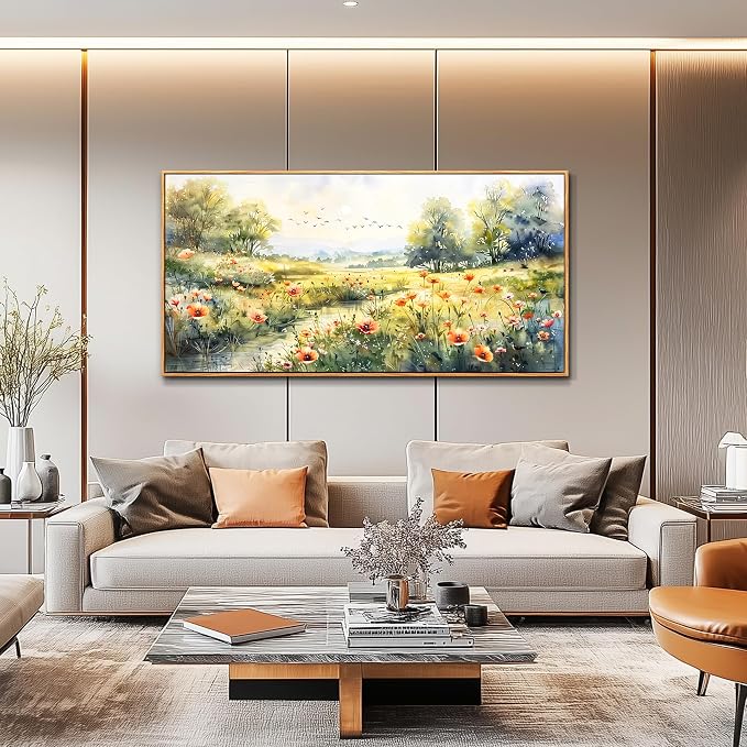 XIGUANGART Large Framed Wall Decor Canvas Wall Art for Living Room Wildflower Pastoral Scenery Paintings Meadow Abstract Pictures Rustic Floral Art Print for Bedroom, Office Modern Artwork Decorations