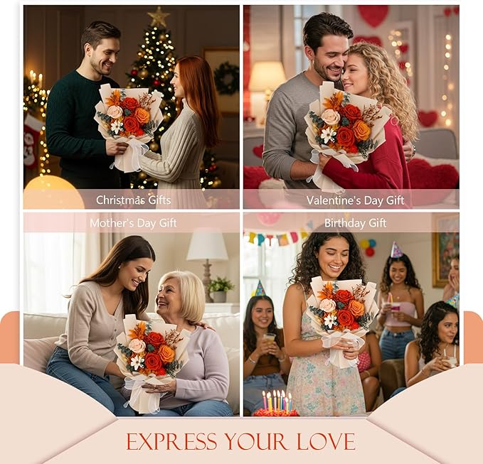 Flowers for Delivery Prime Preserved Flower Bouquet That Last 3-5 Years Real Forever Rose Bouquet for Her Women Wife Grandma Girlfriend Anniversary Birthday Mothers Day Gifts for Mom,Orange