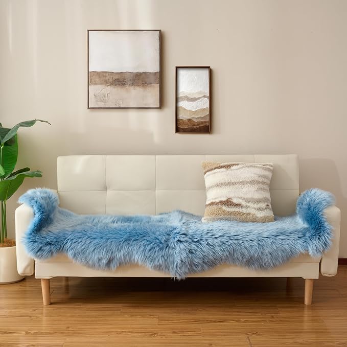 Premium Genuine Sheepskin Area Ruge - Real Wool Fur Shaggy Carpet | Fluffy Soft Natural Lambskin Rug Seat Chair Covers for Couch Sofa Bedroom Living Room(Dusty Blue,2×6 Feet Sheepskin)