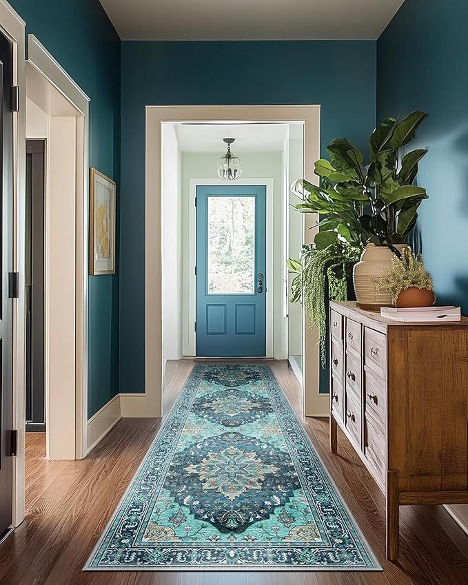 RELEANY Area Rugs Runner 2'x8' Washable Non-Slip, Floral Vintage Distress Medallion Carpet for Kitchen Hallway Bedroom Beside Laundry Room Bathroom, Teal Green Lake Blue Turquoise