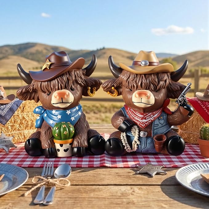 Wesiti 2 Pcs Cowboy Highland Cow Figurines, Western Resin Statue Set for Country and Farmhouse Home Shelf Decor, Cute Unique Gift for Cow Lovers and Collectors