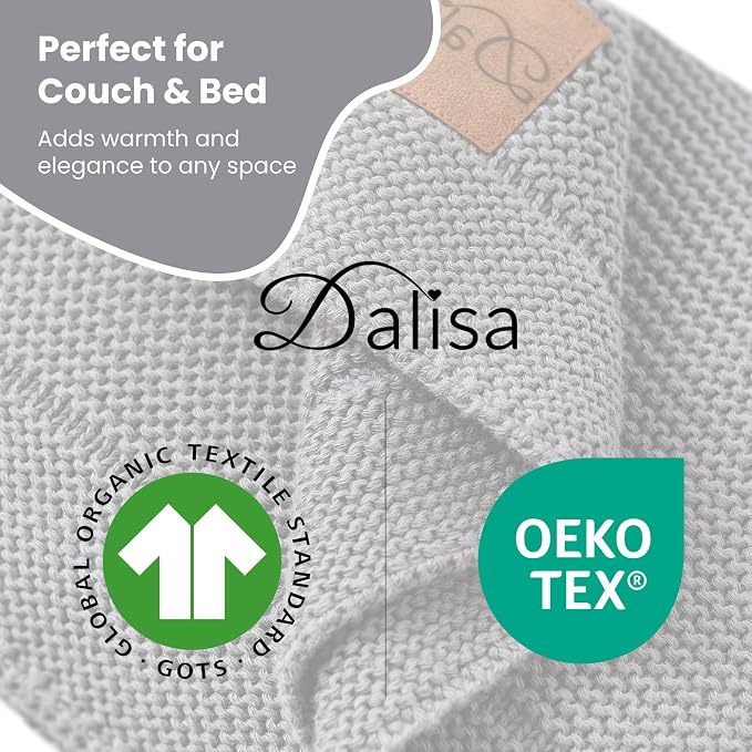 Dalisa 100% Organic Turkish Cotton Throw Blanket Dark Grey– GOTS Certified, Cozy, with Reusable Cotton Gift Bag – Perfect for Couch, Bed, and Home Decor – Boho Vintage Knit Alina (Dark Grey, 80x90)