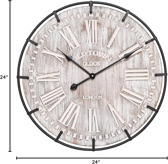 EMAX HOME 24 Inch Large Farmhouse Wall Clock, Rustic Antique Wood with Metal Circle and Large Engraved Numerals, Silent Battery Operated Wall Clock for Office Kitchen Bedroom Living Room