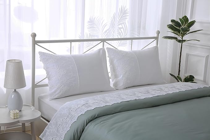 2-Pack White Battenburg Lace Pillow Shams Hollowed Out Lace Pillowcases French Luxury Elegant Look 100% Cotton Queen Size