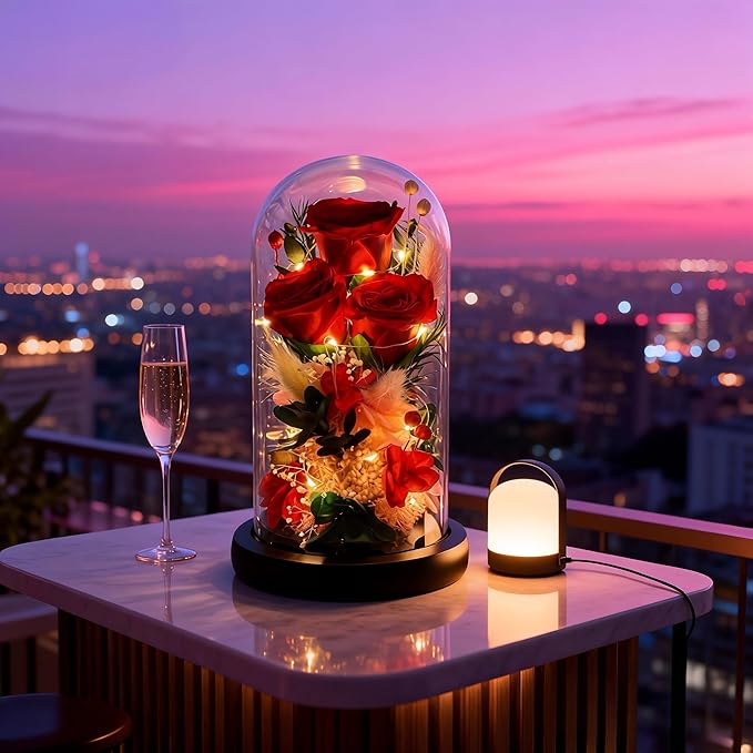 HipTree Preserved Red Rose in Glass Dome with LED Lights - Forever Eternal Real Rose Gifts for Women, Valentines Day Mothers Day Birthday Christmas Gift Wedding Anniversary for Mom Wife Girlfriend