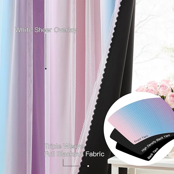 XiDi Double Layer Curtains with Sheer Overlay for Girls Bedroom Living Room 2 Panels 96 Inches Long Colorful Rainbow Blackout Curtains for Kids Unicorn Princess Grommet Drapes Pink Purple W34 x L96