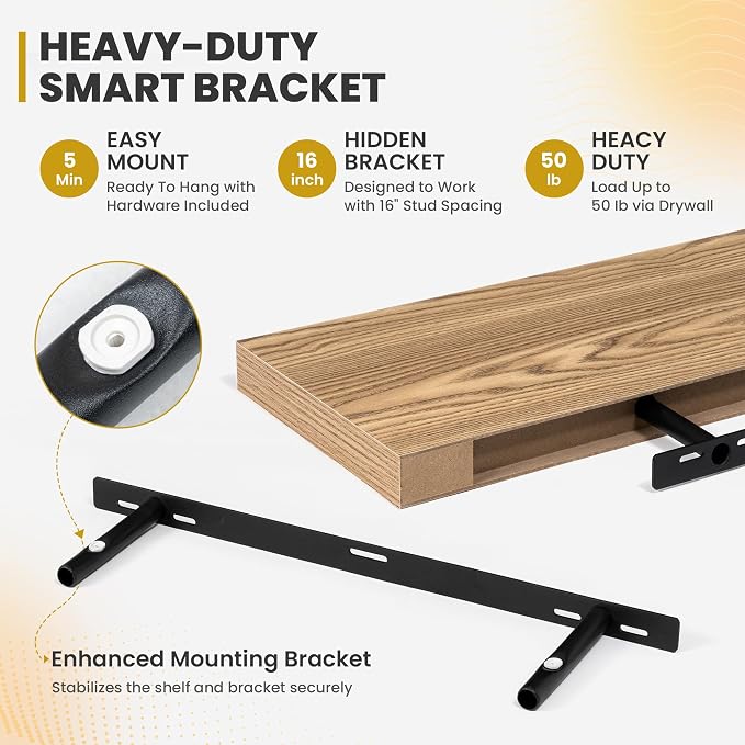 Acovy 24 Inch Floating Shelves, 9.3" Deep Floating Shelf Wall Mounted, 24" Wall Shelves, Rustic Deep Bookshelf, Large Display Shelves & Storage Shelves for Bedroom, Living Room, Light Brown, Set of 2