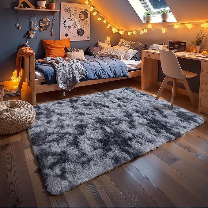 KICHOWUA 3x5 Dark Grey Fluffy Shag Rug for Bedroom, Soft Plush Fuzzy Washable Floor Non Slip Small Carpet for Living Room, Modern Comfy Furry Shaggy Area Rugs for Kids Baby Nursery Dorm, Tie-Dye Gray