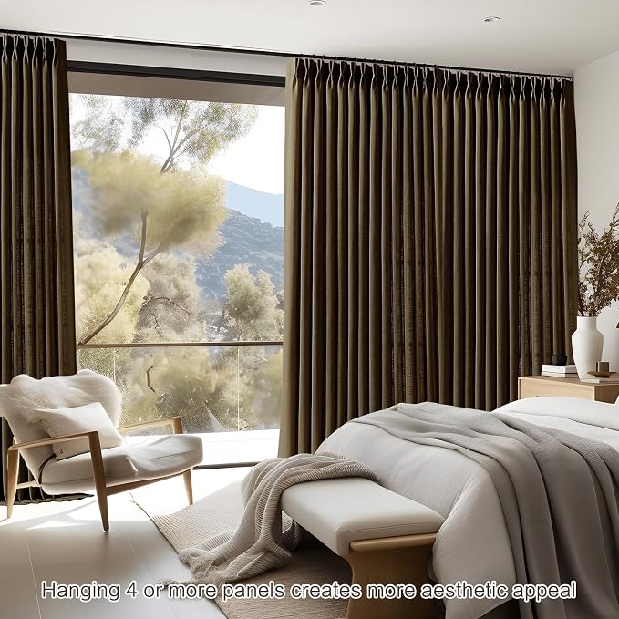 Dark Chocolate Pinch Pleated Linen Curtains 96 Inches Long for Living Room, Light Filtering Pleat Drapes Textured Thick Ceiling Semi-Sheer Window Curtain with Hooks for Bedroom Balcony, 2 Panels