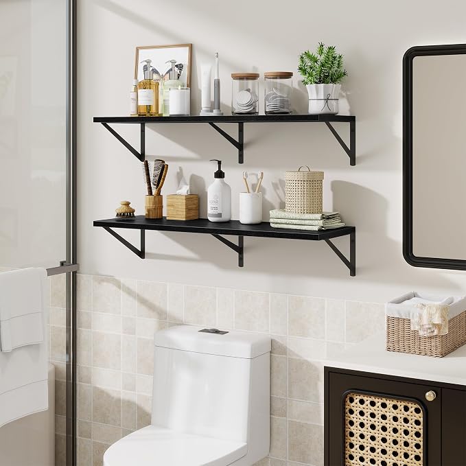 Acovy Black Deep Floating Shelves for Wall,36" Wx10 D Wood Wall Shelves with Metal Brackets,Hanging Storage Floating Shelf for Living Room,Bedroom,Bathroom,Office,Kitchen