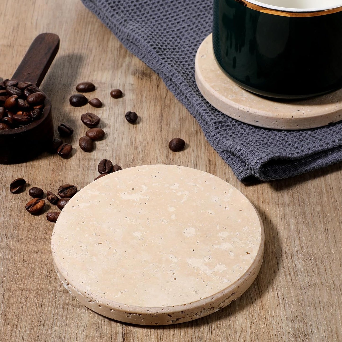 Beige Natural Travertine Marble Coasters Set of 4, Round 4 Inch Diameter Drink Marble Coasters for Housewarming Gifts, Anniversaries, Office Decorations Protect Tables from Stains & Scratches