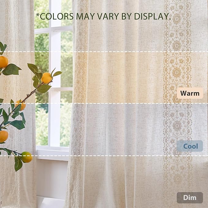 jinchan Weslie Boho Lined Linen Curtains for Bedroom Ivory Vintage Floral Farmhouse Curtains 84 Inches Long Linen Drapes for Living Room Embroidered Drapes Rod Pocket Ivory on Beige 2 Panels