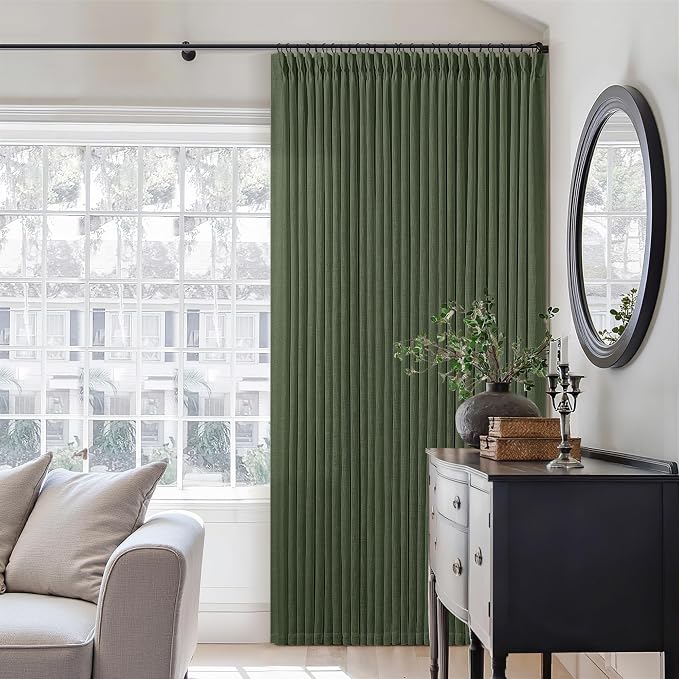 Pleated Linen Olive Green Curtains 102 Inches Long 2 Panels Set for Living Room Bedroom Neutral Farmhouse Cotton Linen Blend Back Tab Memory Shape Pinch Pleat Ceiling Floor 102 Inch Window Curtain