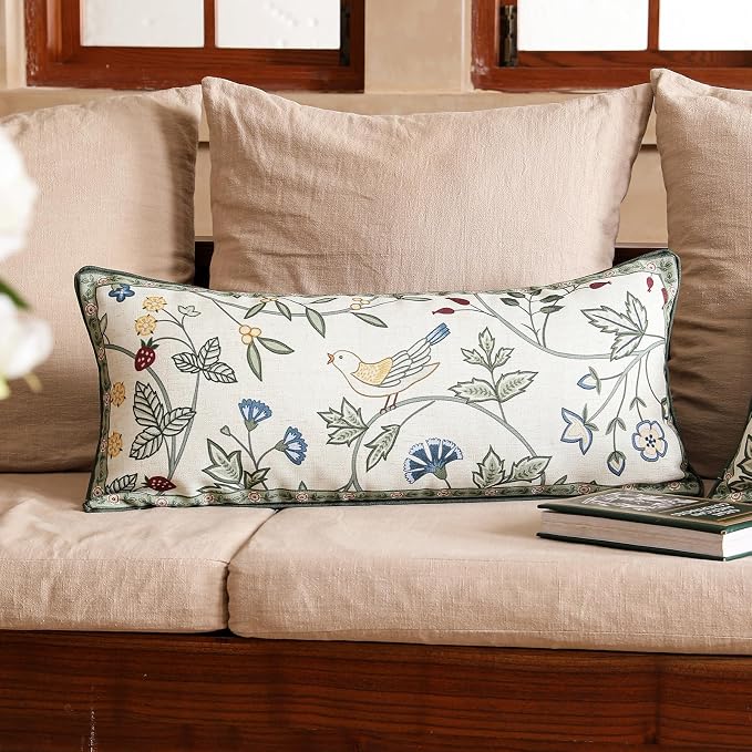 bilin gaier Designer Vintage Linen Throw Pillow Cover,28"x12"-Idaho A | Elegant Rectangular Pillow Cover,Concealed Zipper,Floral and Bird Pattern,Sofas,Bedroom,Living Room,Lounge Chairs