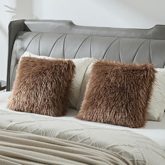 FUTEI Pack of 2 Shaggy Mongolian Faux Wool Throw Pillow Covers 18x18 Inch Soft Decorative Cushion Case for Couch Bed Living Room, Dark Brown