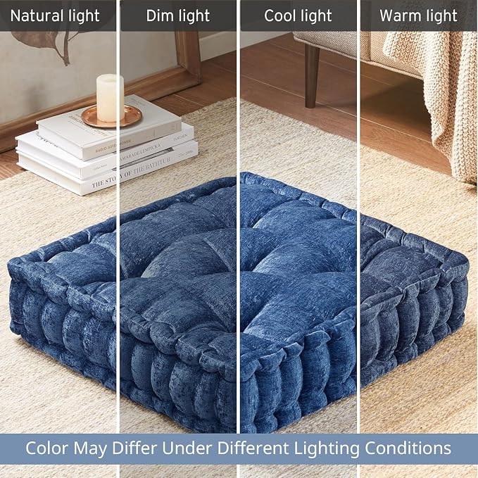 Intelligent Design Azza Floor Pillow, Large Cushions Sitting for Adults, Floor Pillow for Meditation or Yoga, Lustrous Chenille Tufted with Scalloped Edges for Bench/Chair Cushion, 20"x20"x5" Navy