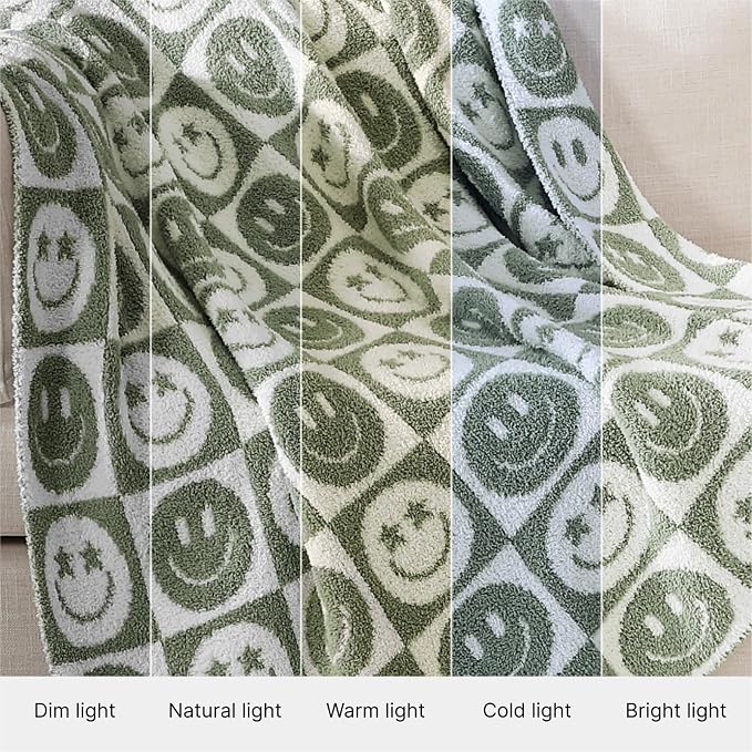 WRENSONGE Soft Checkered Throw Blanket for Couch-Cozy Warm Knitted Blankets | Lightweight Warm Fluffy Decor for Women, Mom, Her & Girls, Sofa, Chair, Bed, 50x60in, Seagrass Smiling Face