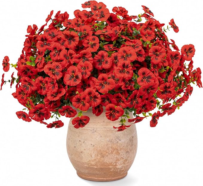 24 Pcs Artificial Fake Pansy Flowers for Outdoor,Faux Silk Plants Flowers UV Resistant Pansies Spring Flowers for Planter Front Door Porch Yard Patio Garden Window Box Home Decor(Red)
