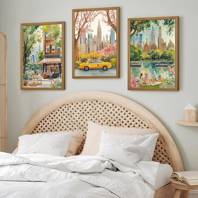 Watercolor New York City Wall Art Nyc Canvas Wall Decor Nyc Painting New York Landmarks Poster Travel Wall Art Central Park Artwork for Bedroom Living Room 16x24x3 Inch Wood Framed