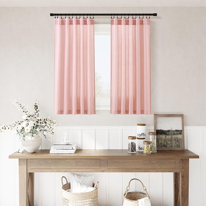 Pink Linen Curtains Kitchen Tier Curtains 36 Inch Length 2 Pack Light Filtering Semi Transparent Linen Blend Curtain Back Tab Rod Pocket Short Drapes for Small Windows Cafe Girl Bathroom 30Wx36L