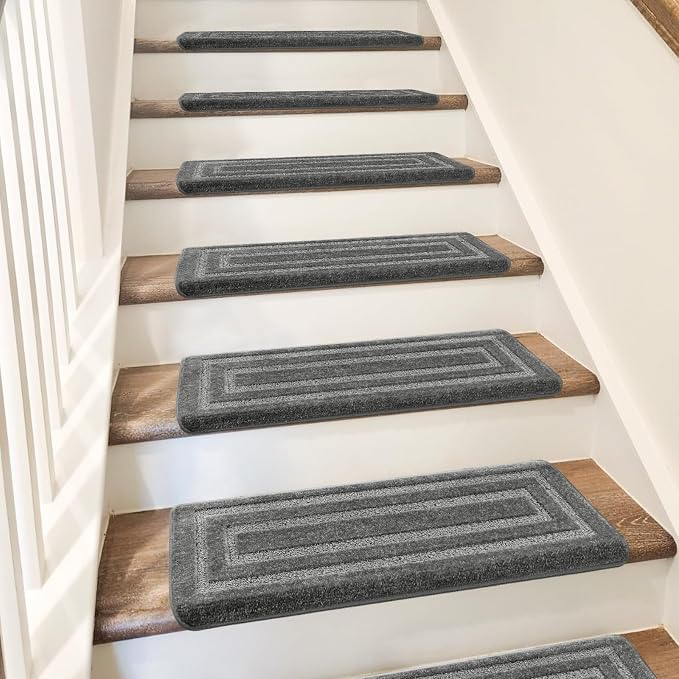 PURE ERA Bullnose Carpet Stair Treads Set Tape Free Non-Slip Indoor Stair Protectors Pet Friendly Rugs 9.5" x 30"(7 Pieces,Grey Rectangular)