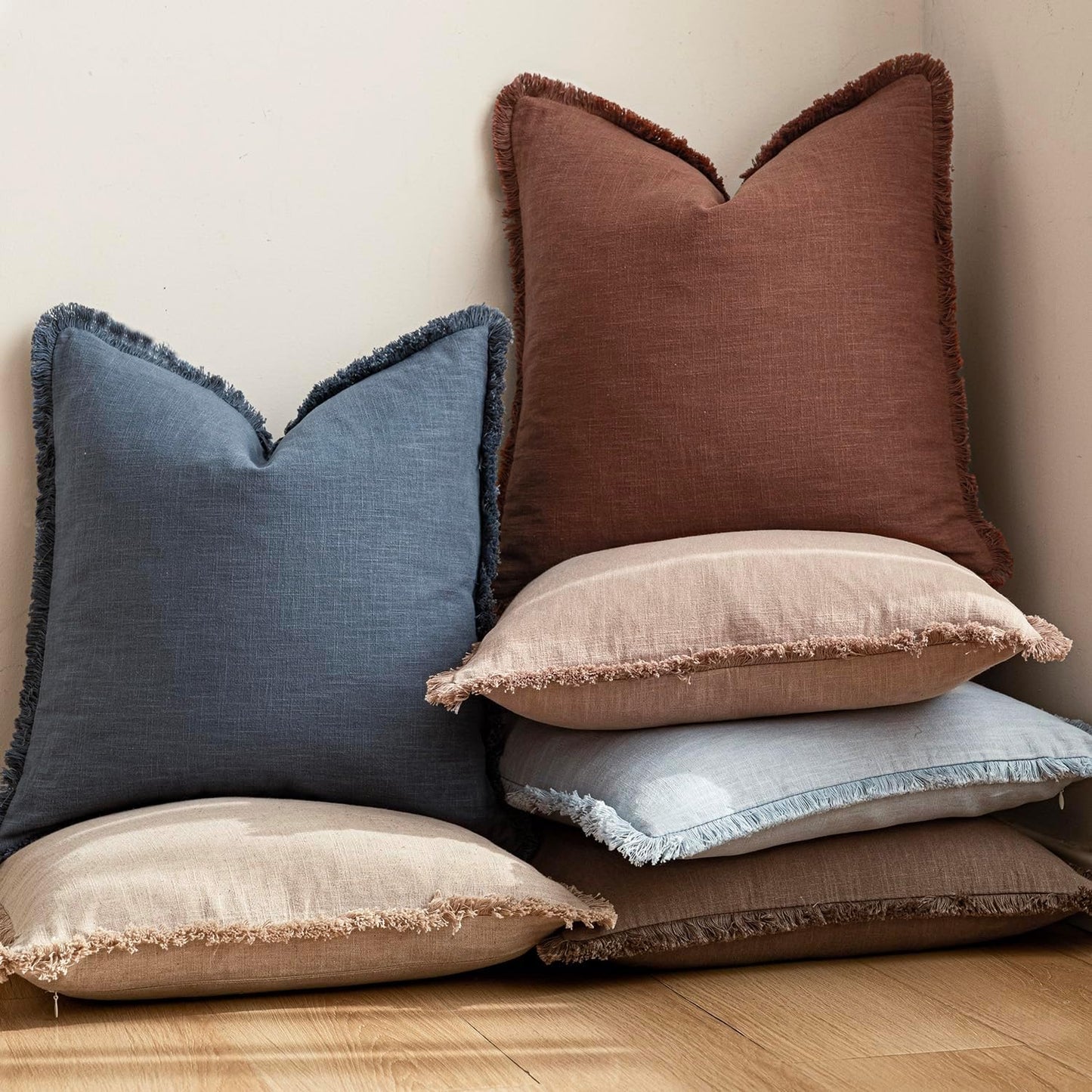 Foindtower Set of 2 Decorative Linen Fringe Throw Pillow Covers Cozy Boho Farmhouse Cushion Cover with Tassels Soft Accent Pillowcase for Couch Sofa Bed Living Room Home Decor,26×26 Inch,Rust Red