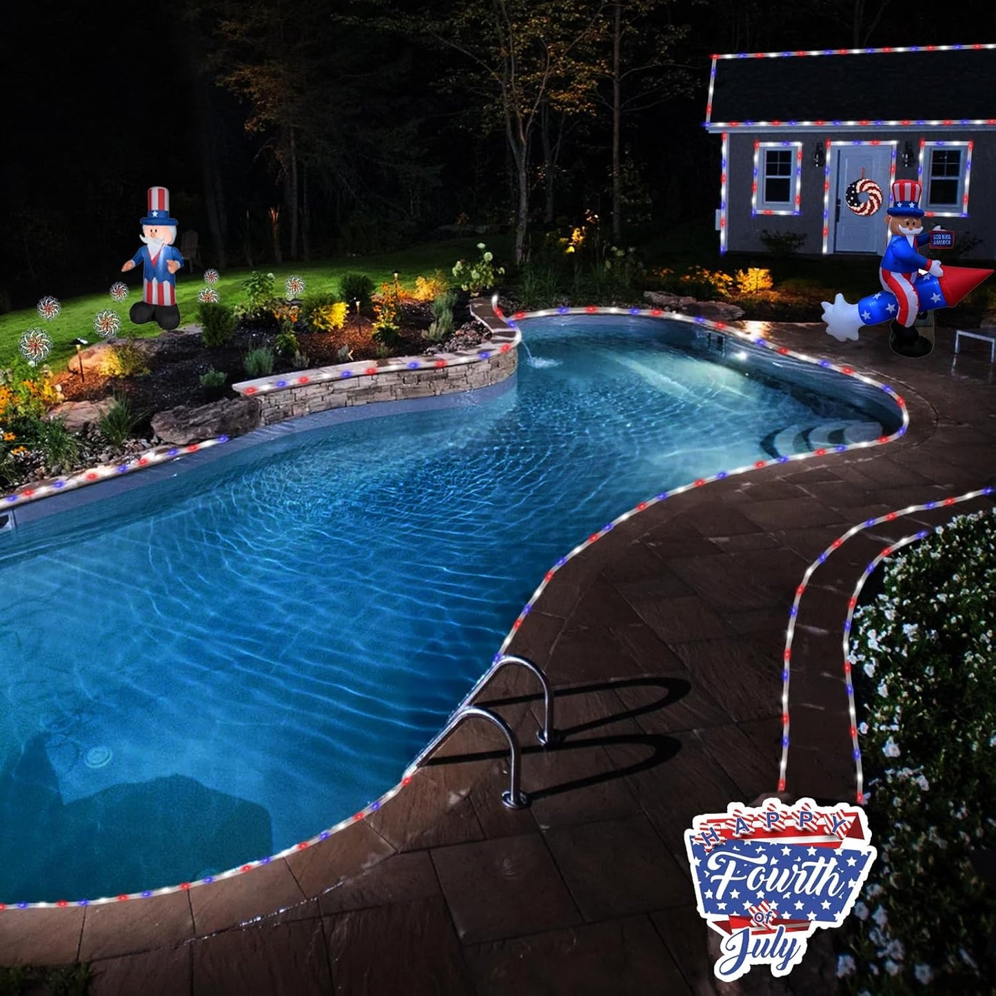 YEGUO 4th of July Decorations Red White and Blue Lights, 2 Packs Each 33ft 100 LED Solar Rope Light with 8 Modes for Patriotic Independence Memorial Day Decor