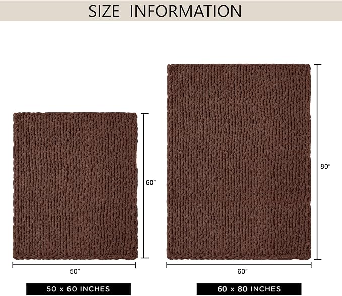 Chunky Knit Throw Blanket 60x80, 100% Handmade Chenille Yarn | 6.7lbs Soft Thick Cable Knitted Blankets, Large Rope Knot Crochet Throws for Couch Sofa Bed Machine Washable, Cocoa Brown