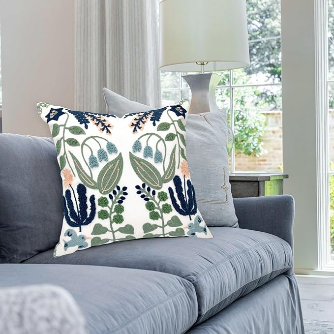 Alysheer Spring Floral Embroidered Decorative Throw Pillow Covers 18"x 18" Set of 2, Farmhouse Navy Blue Flowers Green Leaves Tufted Patterned Cotton Cushion Cases for Couch Bed Living Room Decor