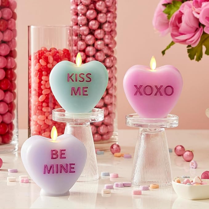 Luminara Candy Heart Kiss Me Fresh Mint Candle- Flameless Real-Flame Romantic Battery Operated LED Decor- Valentine's Day Collection- 3.5" x 4.5"