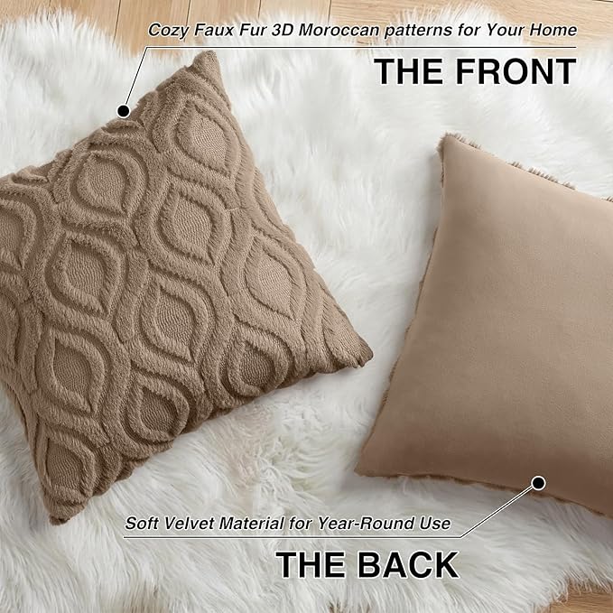 decorUhome Throw Pillow Covers 20x20 Inch Set of 2, Soft Plush Faux Wool Light Brown Solid Couch Pillow Covers, Accent Farmhouse Neutral Square Pillow Cases for Sofa Bed Living Room
