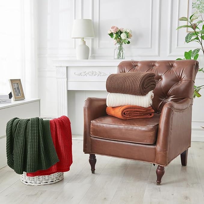 Douceur Christmas Red Throw Blanket for Bed, Soft Chunky Cable Knit Throw Blanket, Classic Fisherman's Rib Stitch Pattern Throw for Living Room,50"X60"
