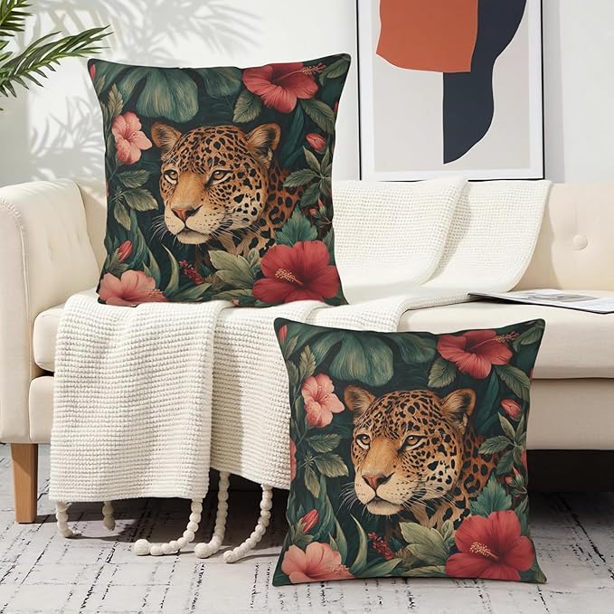 Tropical Leopard Throw Pillow Covers Green Palm Leaves Hibiscus Floral Pillow Covers 16x16 Set of 2 Hawaiian Jungle Cheetah Flower Pillow Cases for Home Farmhouse Sofa Decor