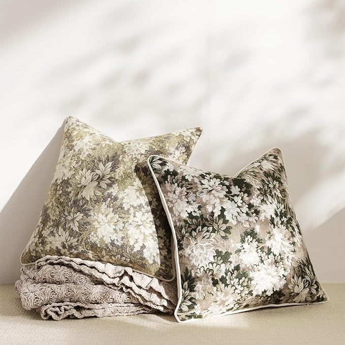 DEZENE Pack of 2 Vintage Floral Throw Pillow Covers 20x20 Boho Farmhouse Accents Chenille Square Decorative Pillow Cases for Living Room Couch Bed Home Decor, Beige