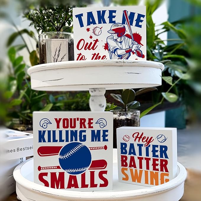 Baseball Decor for Home Baseball Sports Tiered Tray Decor 3 Pcs Decorative Wood Box Signs Rustic Table Desk Shelf Decoration for Bedroom Boys Room Party